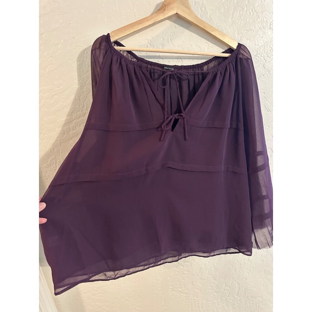 Y Ann Taylor XL Purple Chiffon Tiered Wide Arm Oversized Fairy Tie Blouse - Picture 4 of 10